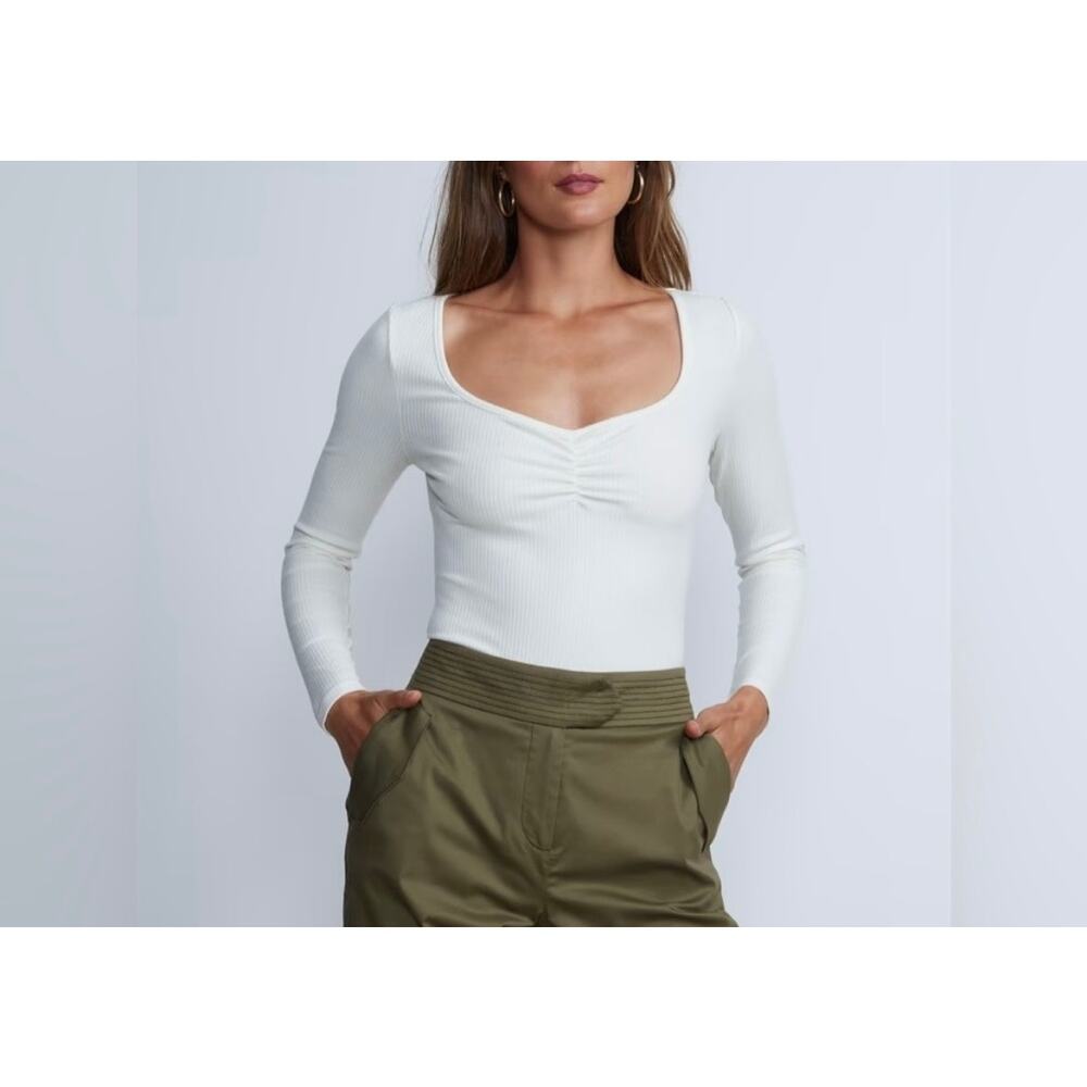 NY & Co Cream Ribbed Long Sleeve Thong Bodysuit Sz XL